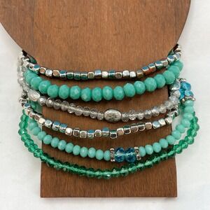 Beaded Stretch Bracelet 6 Piece Lot Stack Green Teal Silver Tone Boho Whimsy
